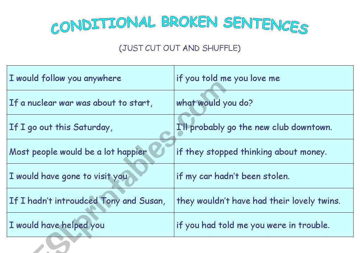 Conditional broken sentences worksheet