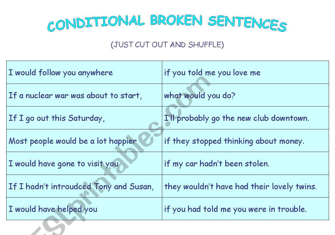 Conditional broken sentences worksheet