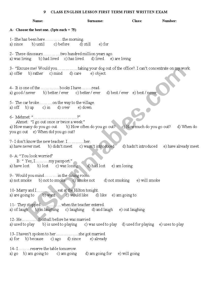 exam for elementaries worksheet