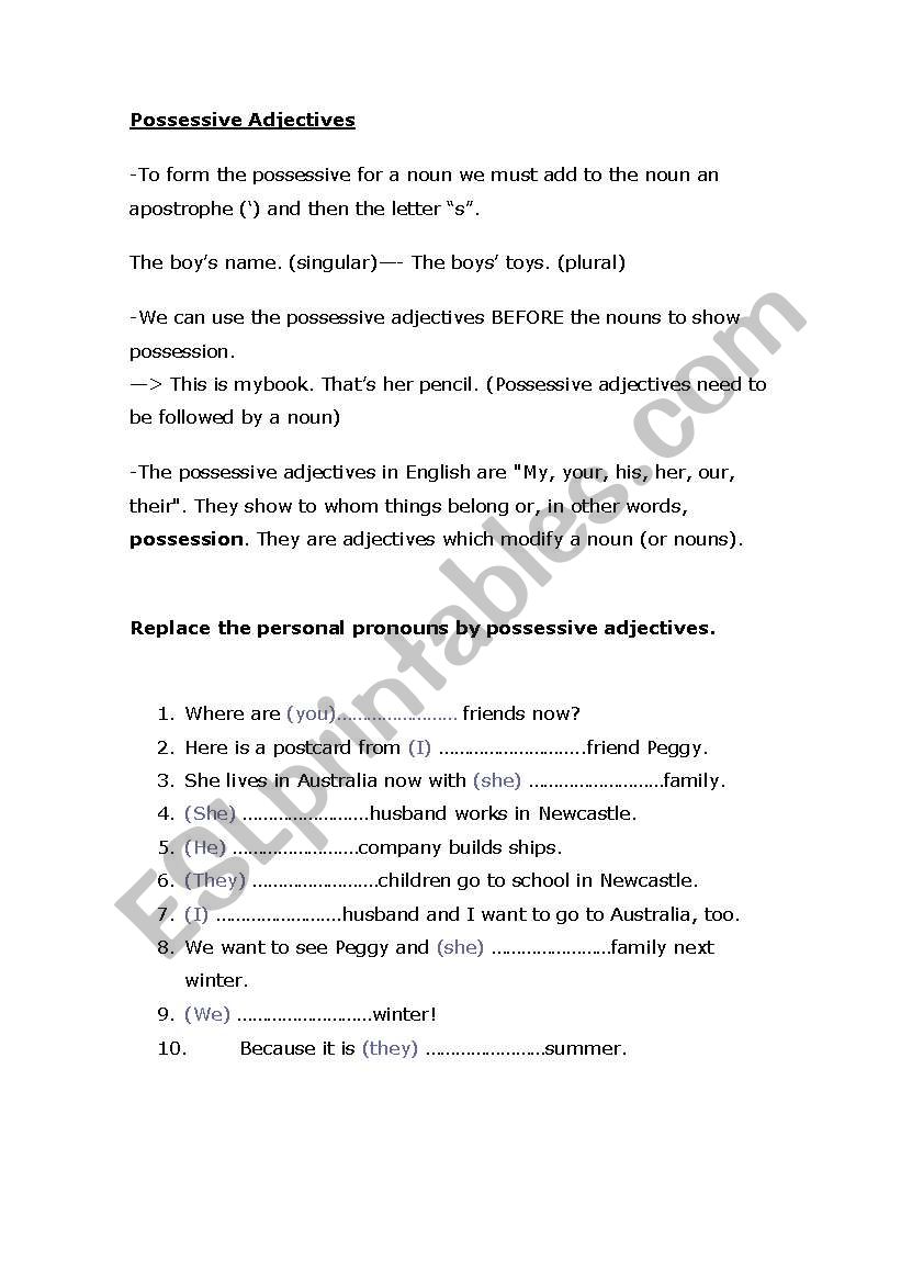 possessive adjectives worksheet