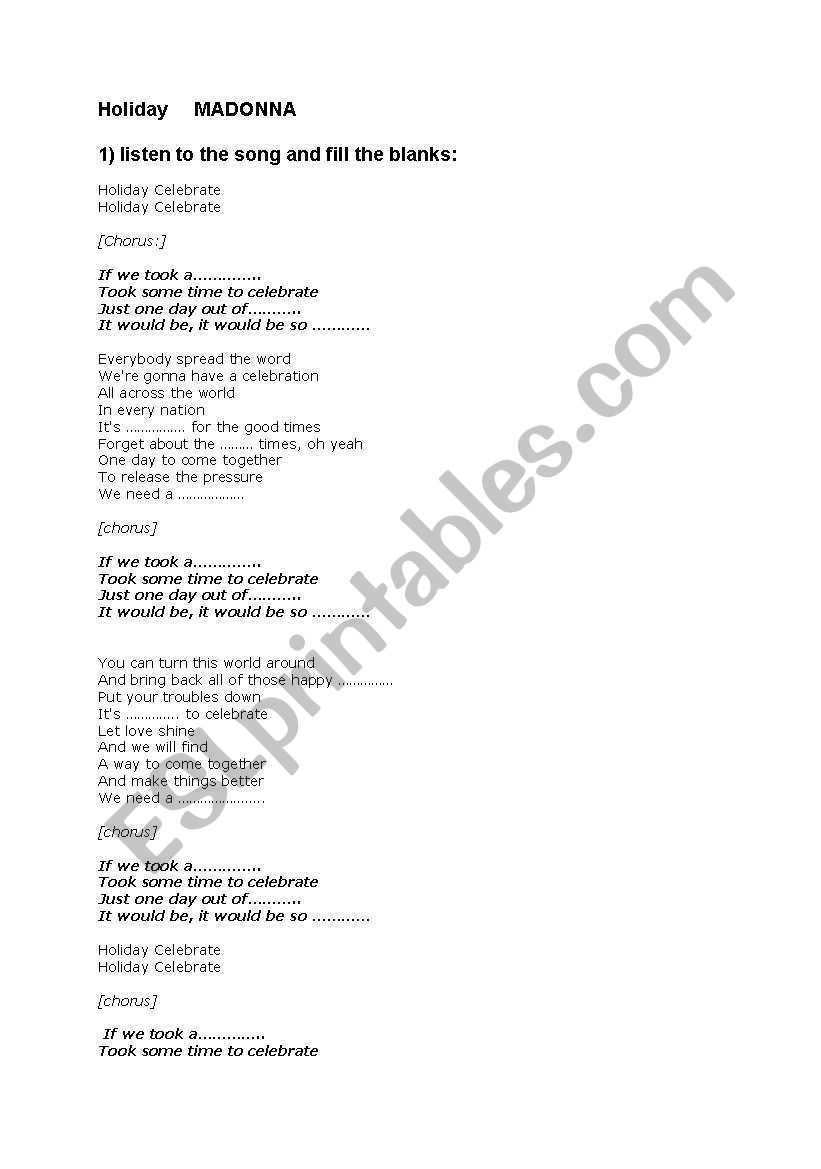 Holiday worksheet