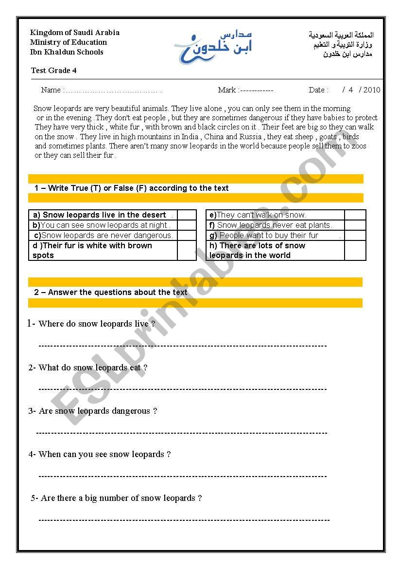 test for grade 4 worksheet