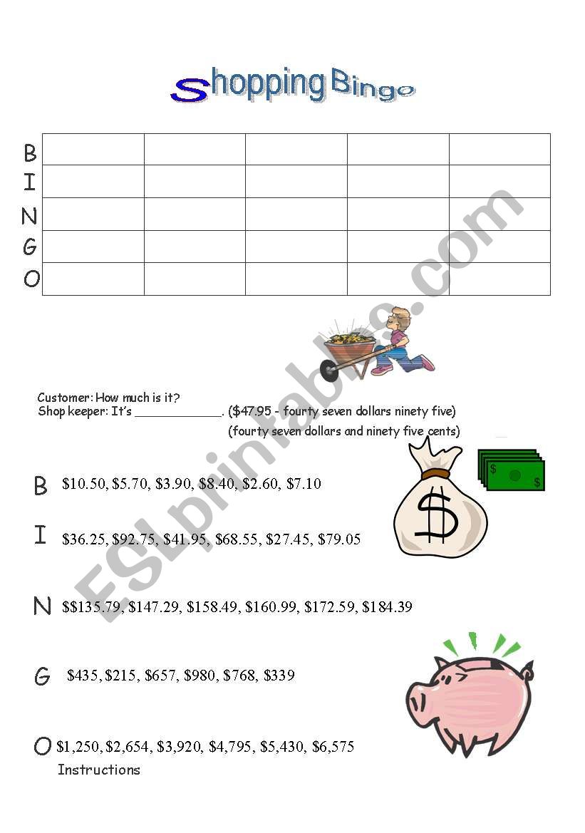 Shopping Bingo worksheet