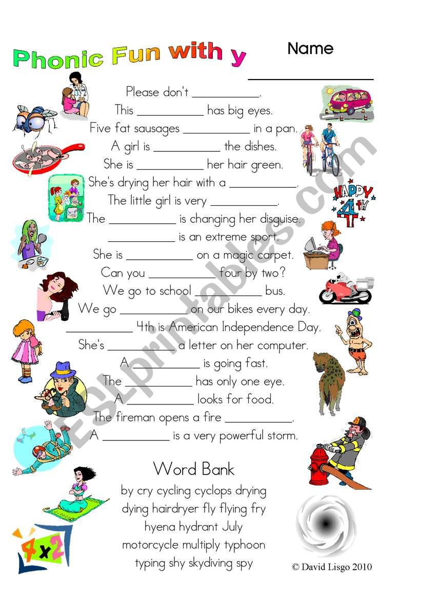 3 Magic pages of Phonic Fun with y: worksheet, dialogue and key (#27)