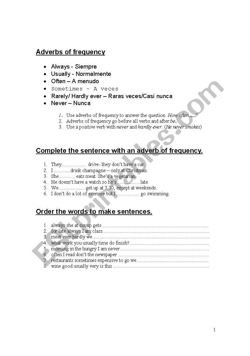 Adverbs of frequency worksheet