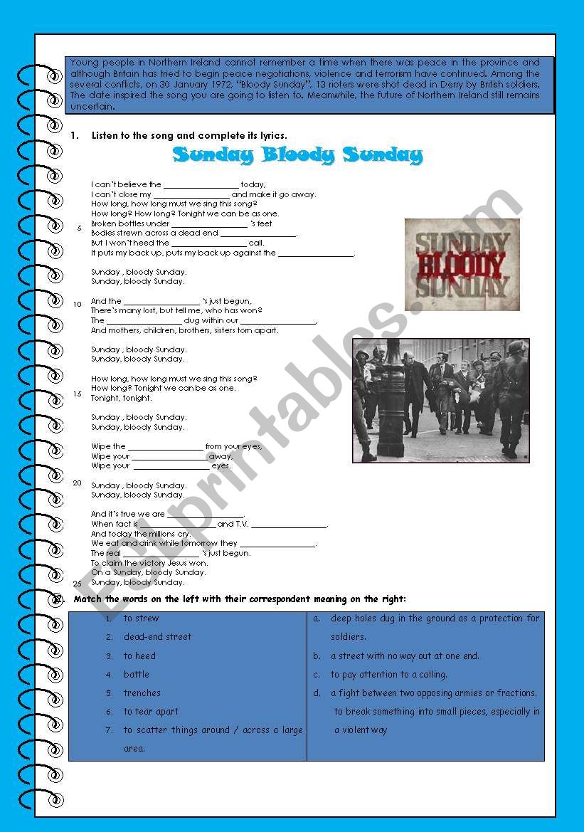 Sunday bloody sunday worksheet