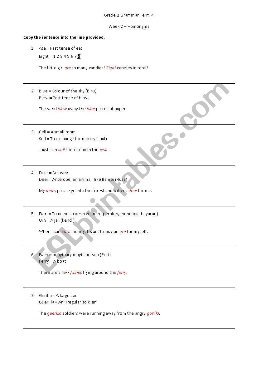 Homonyms worksheet