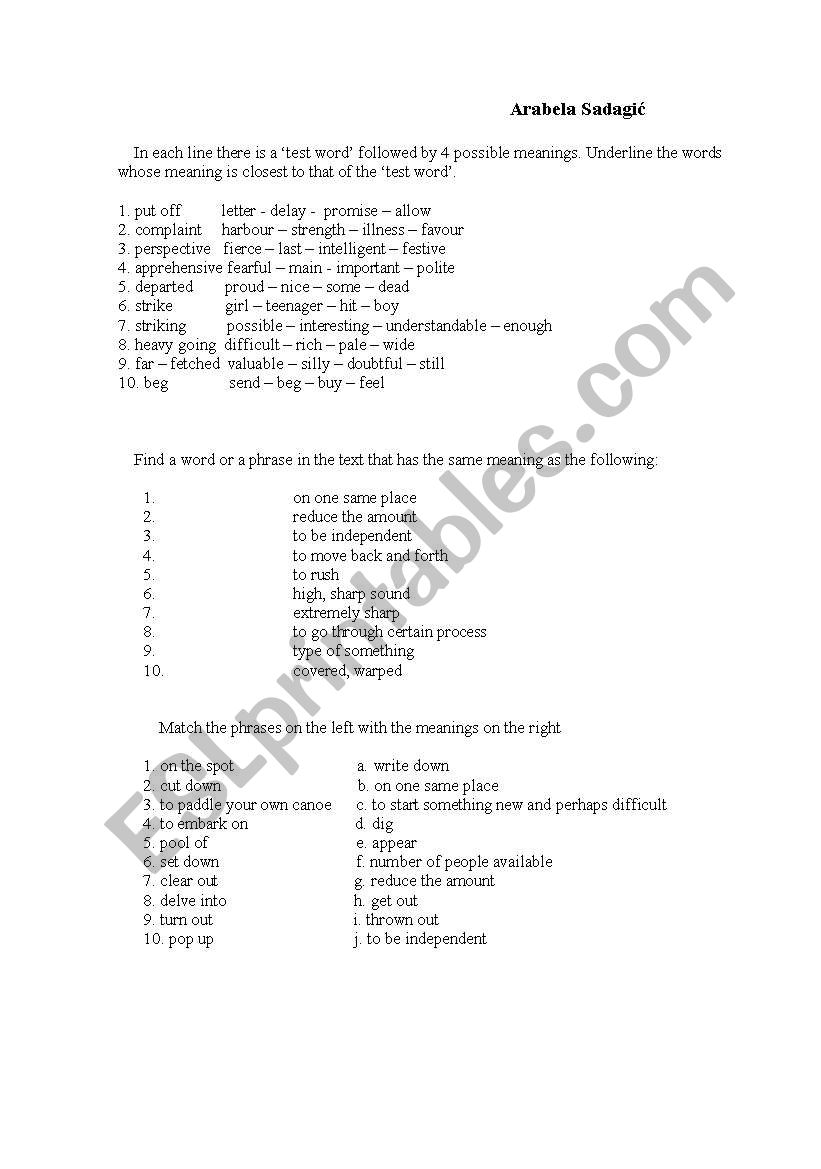 vocabulary test worksheet