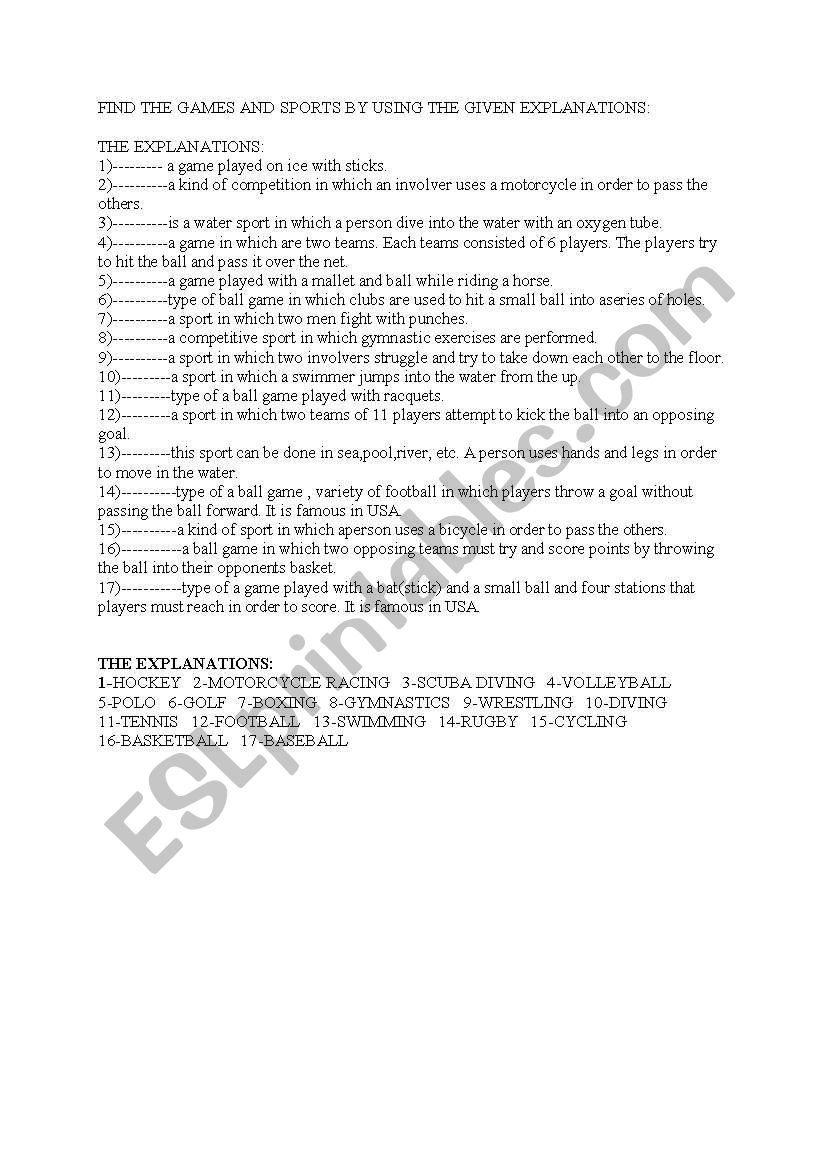 SPORTS AND GAMES worksheet