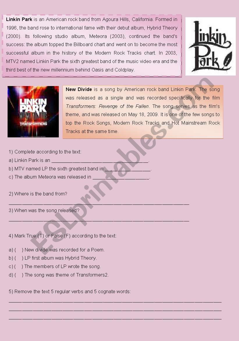 Reading - Linkin Park (past) worksheet