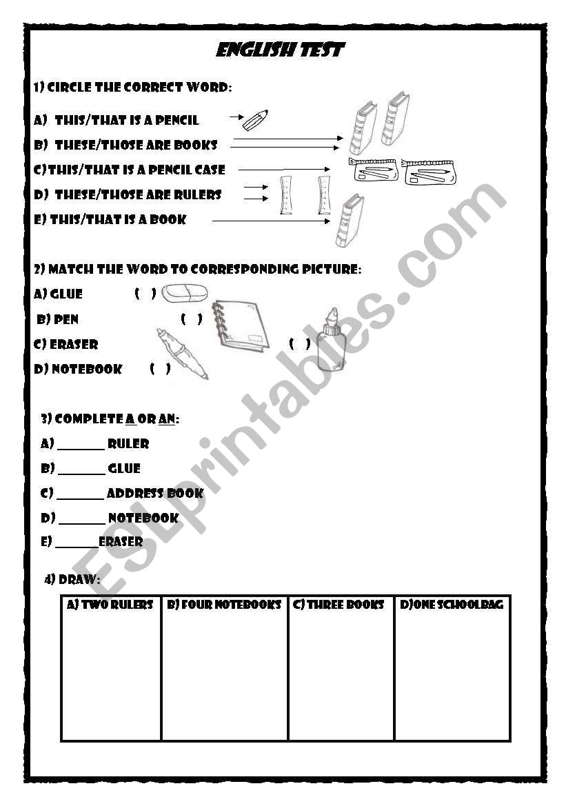 English test - School Objects worksheet