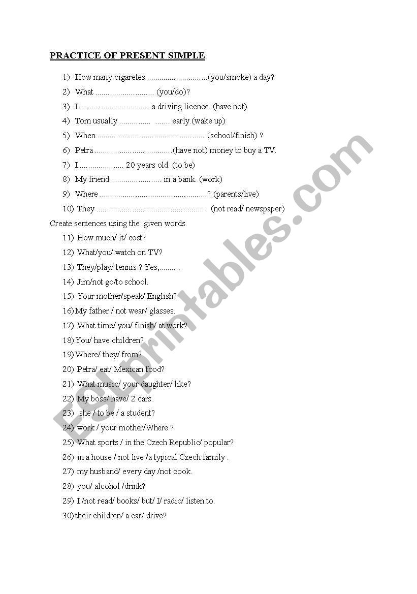 Practice of Present Simple worksheet