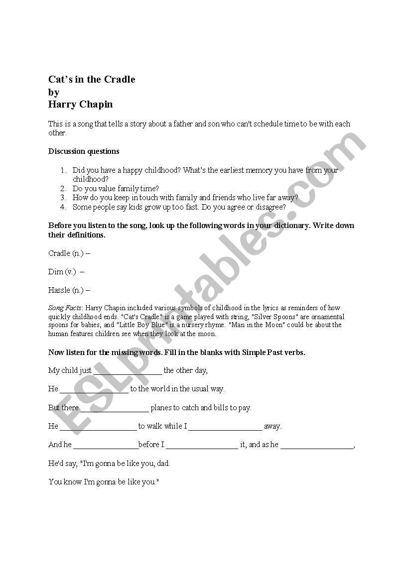 Cats in the Cradle worksheet