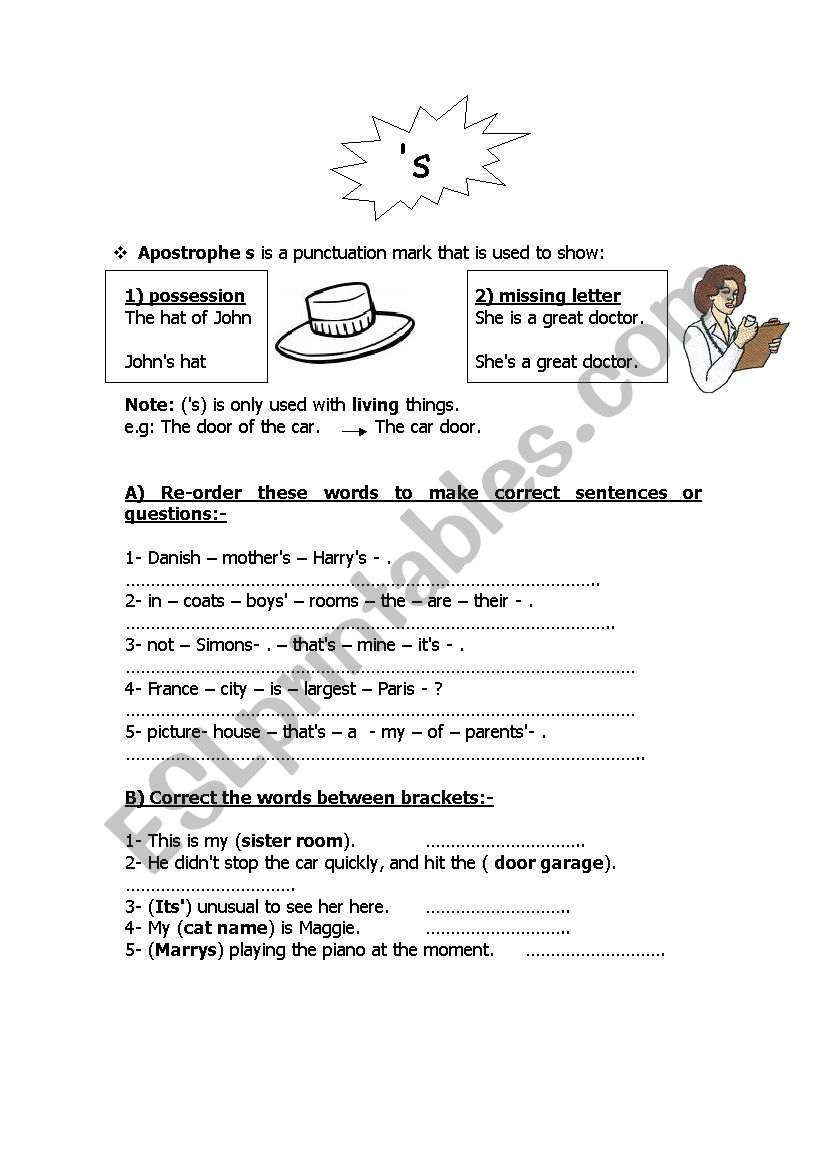 Apostrophe s worksheet