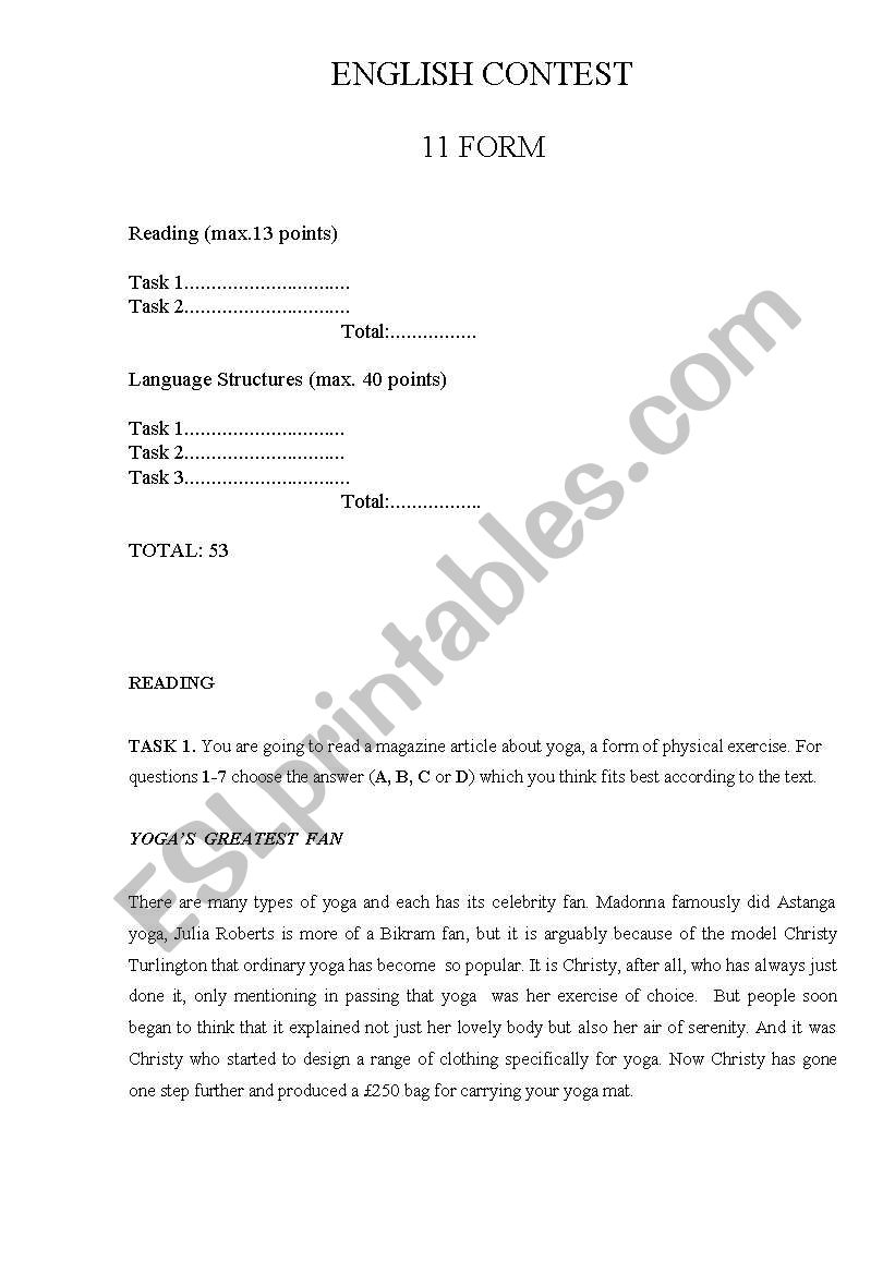 11th form English contest worksheet