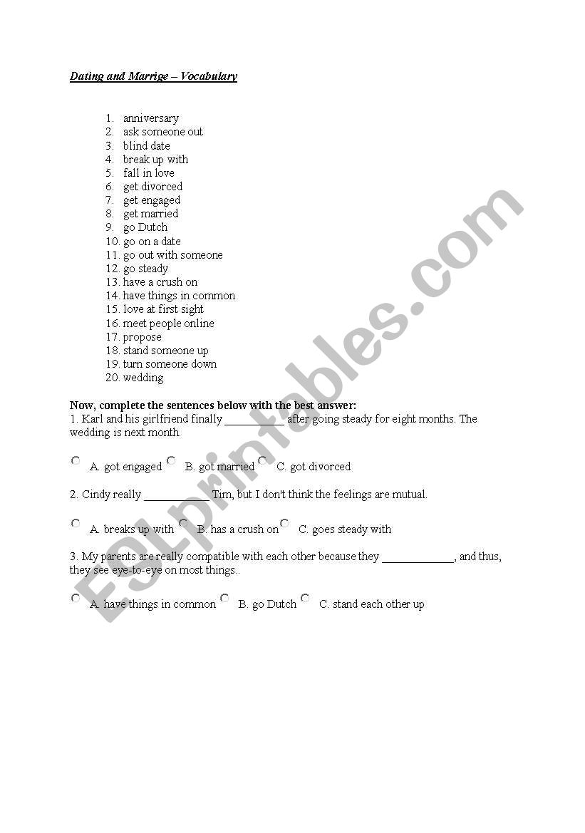 Vocabulary - Dating and Mariage