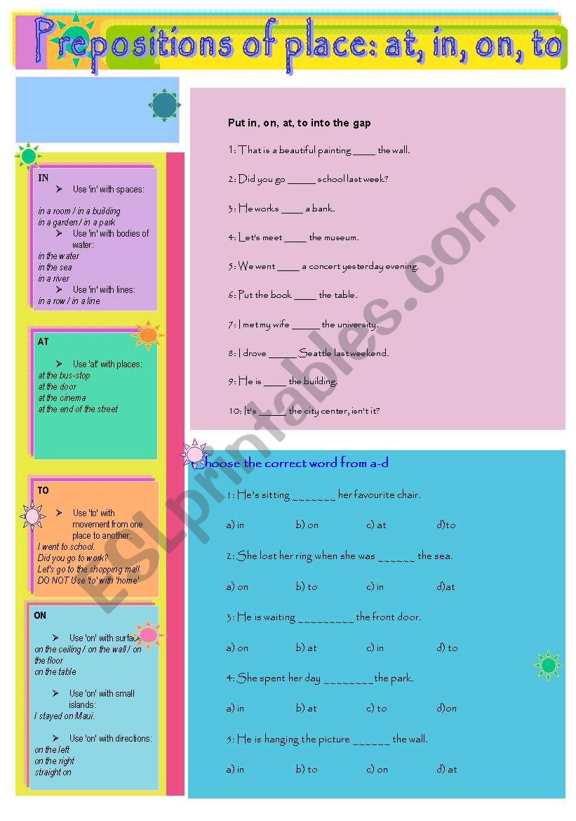 Prepositions of place: in, on, at, to