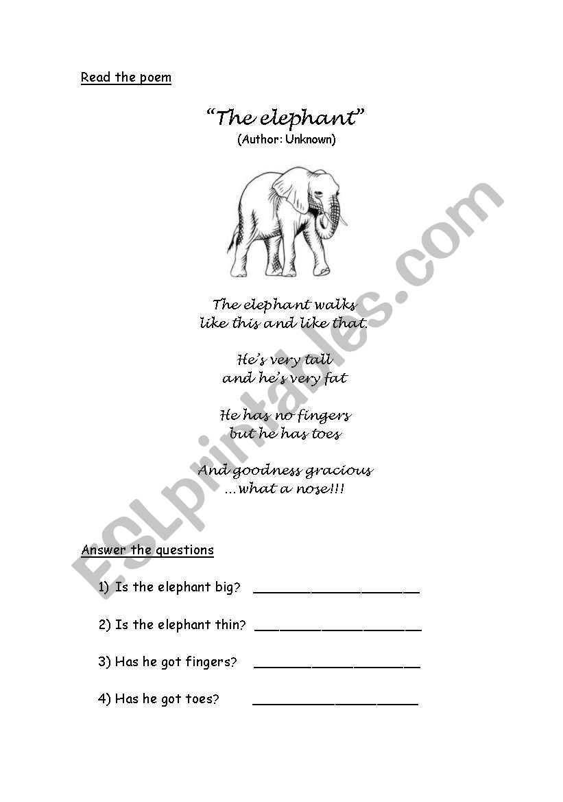 Poem: The elephant worksheet