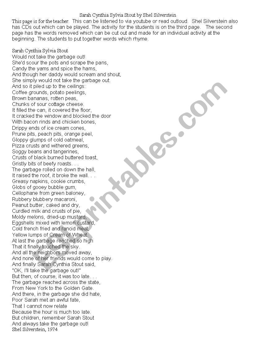English worksheets: Sarah Cynthia Stout by Shel Silverstein fill in