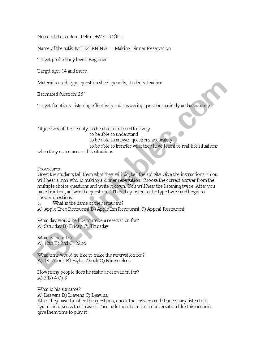 listenng activity worksheet