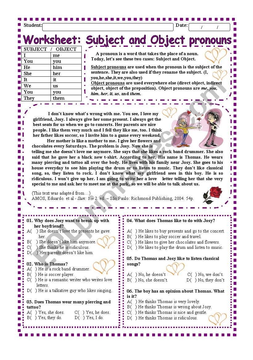 Worskheet: Subject and Object Pronouns (2 pages)