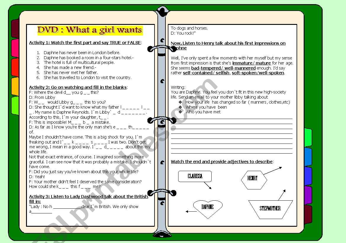 WHAT A GIRL WANTS movie worksheet
