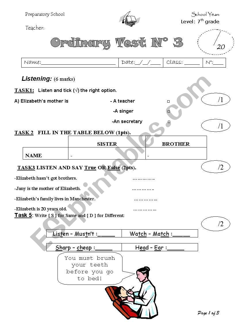 7 th form mid term test  worksheet