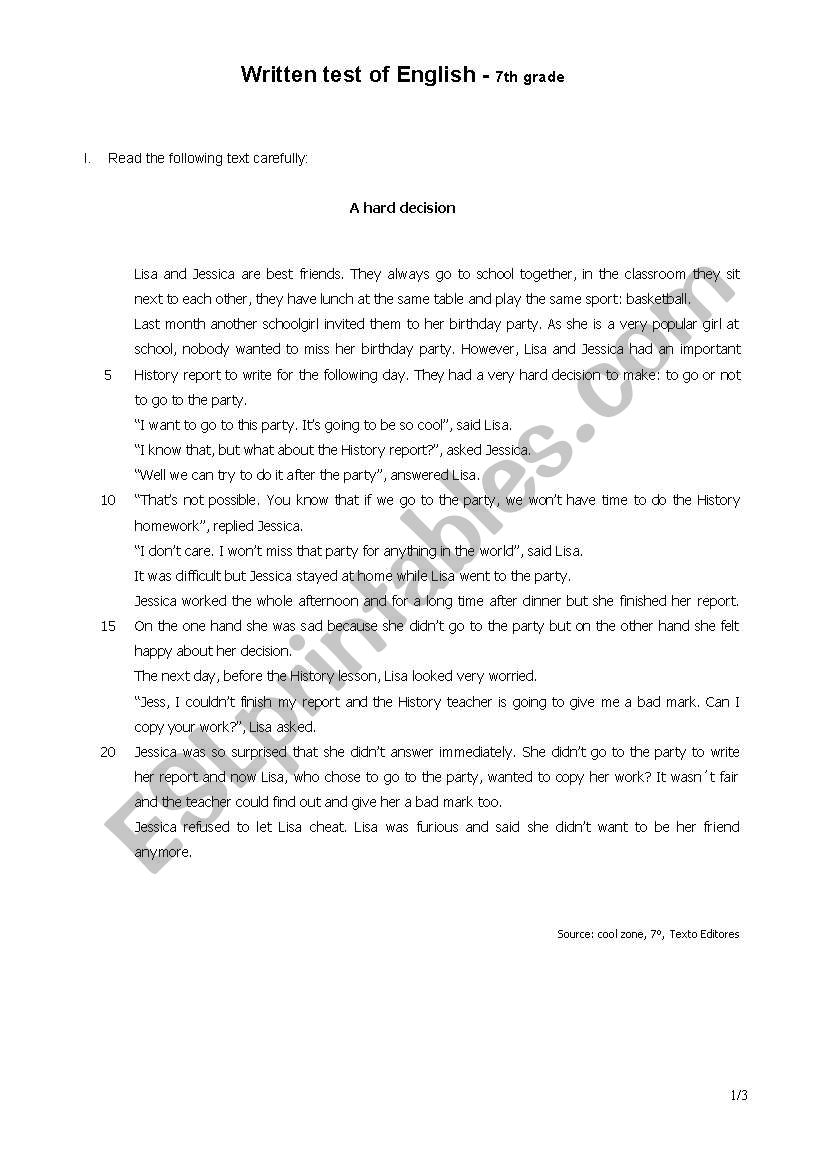School worksheet