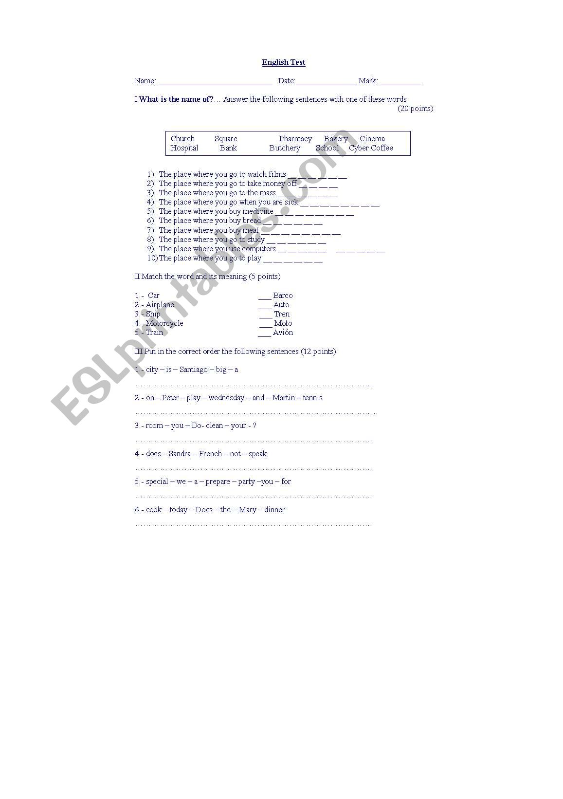 places in a city worksheet