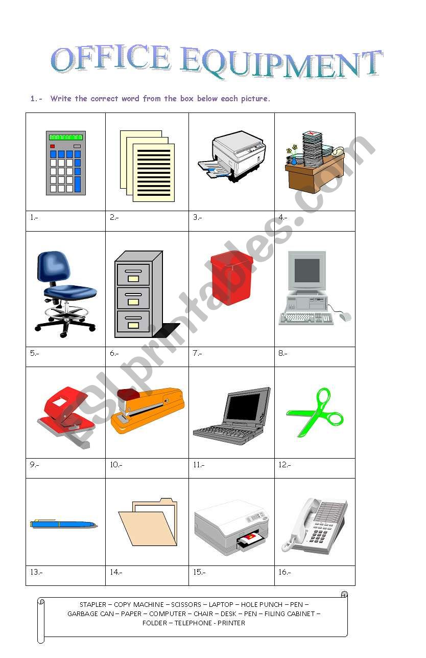 Office equipment - ESL worksheet by LadyKitty