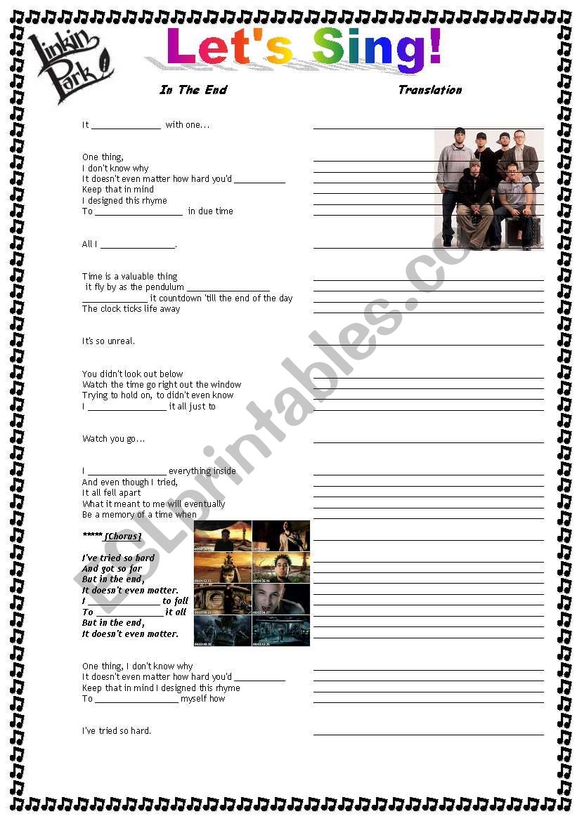 IN THE END by Linkin Park worksheet