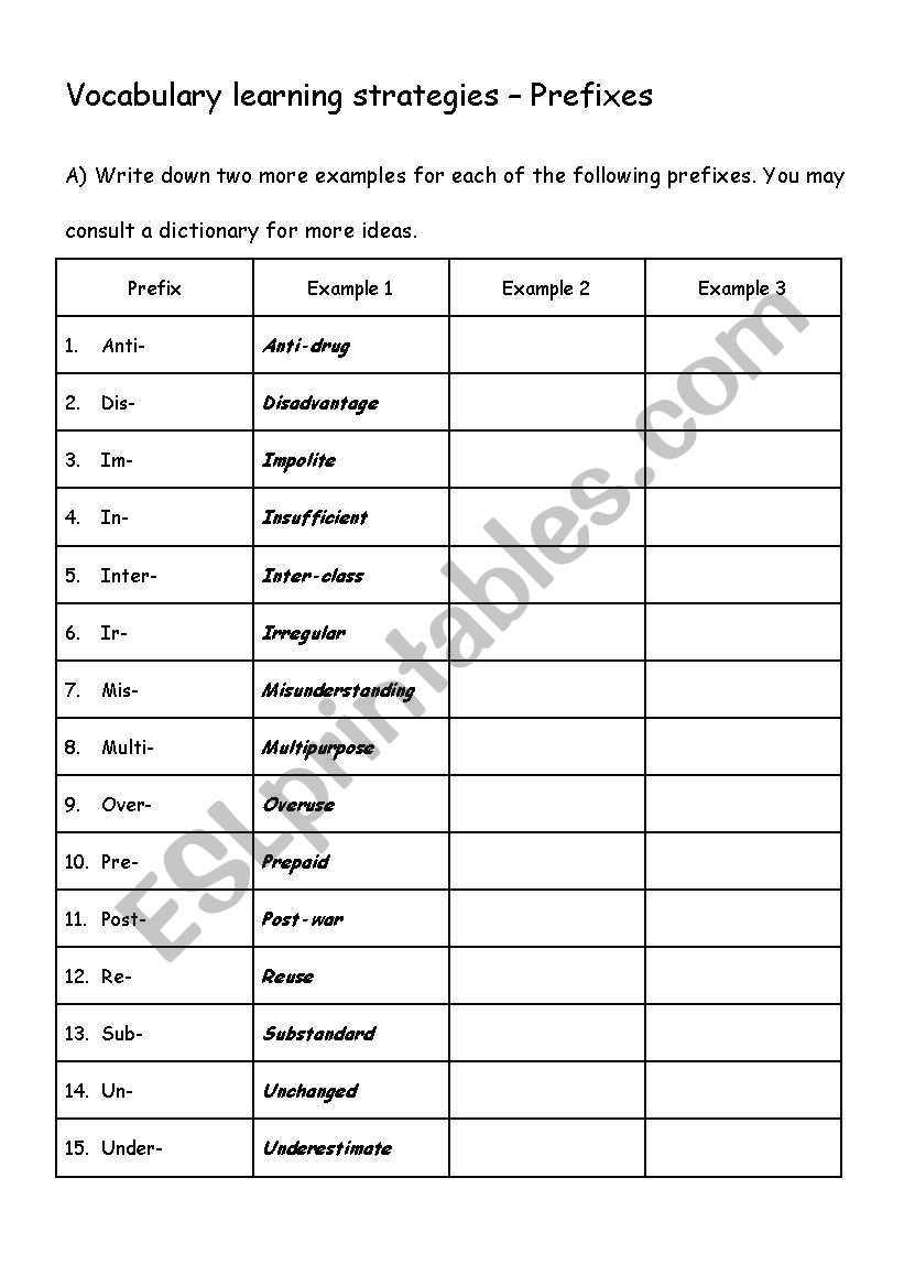 Prefix Exercise worksheet