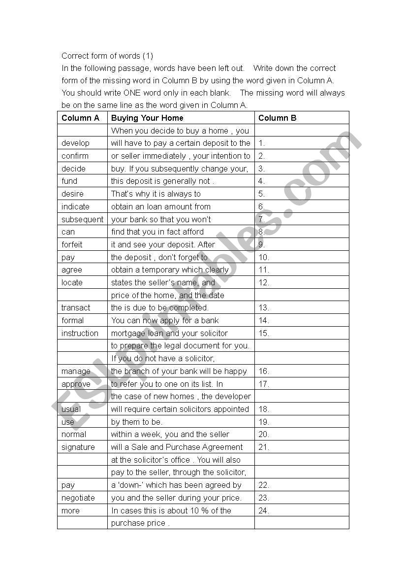 correct word form worksheet