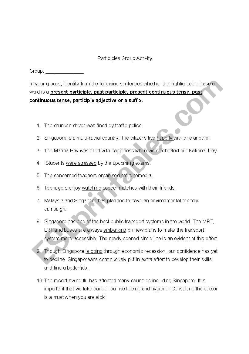 Participles group activity worksheet