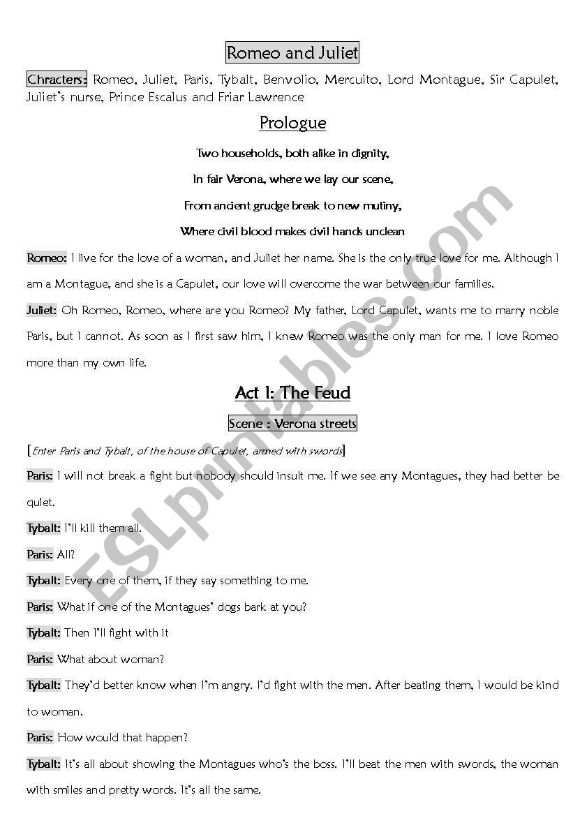 Romeo& Juliet (Script for ESL students- Part I and II together)
