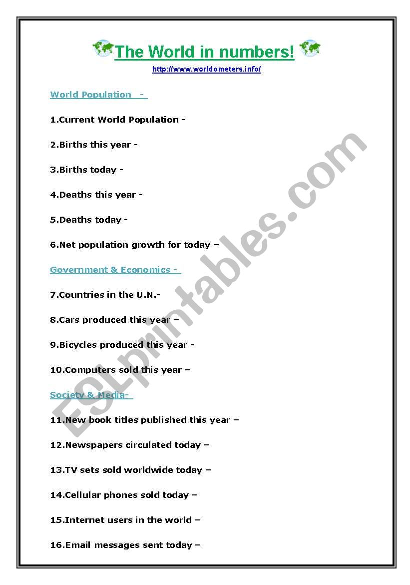 World in numbers worksheet