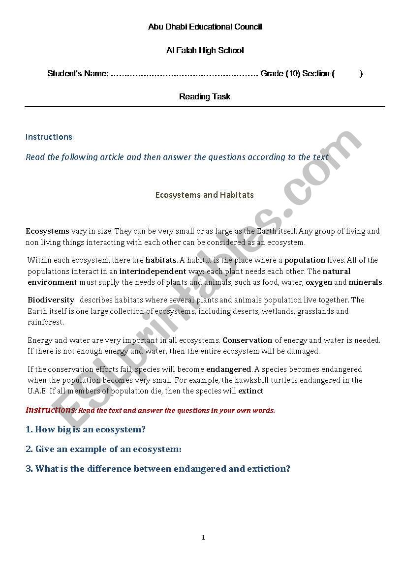 Reading Coprehension worksheet
