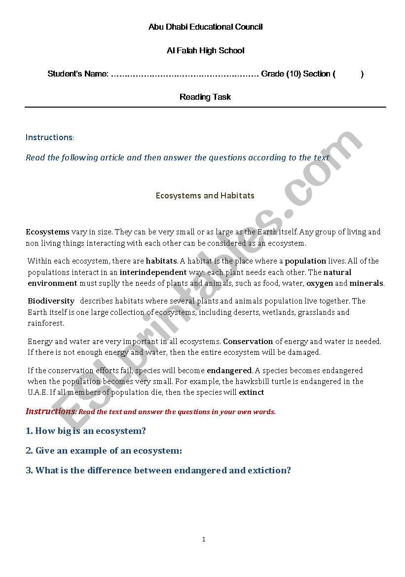 Reading Coprehension worksheet