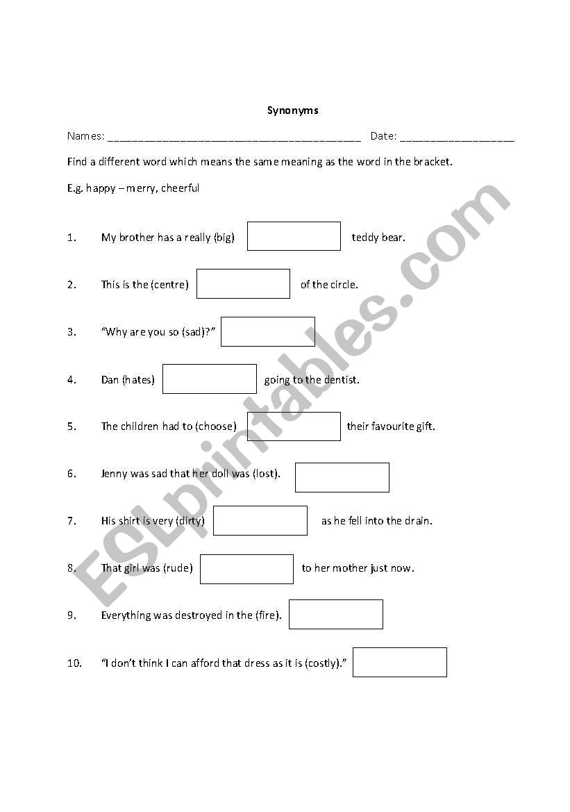Worksheet on synonyms worksheet