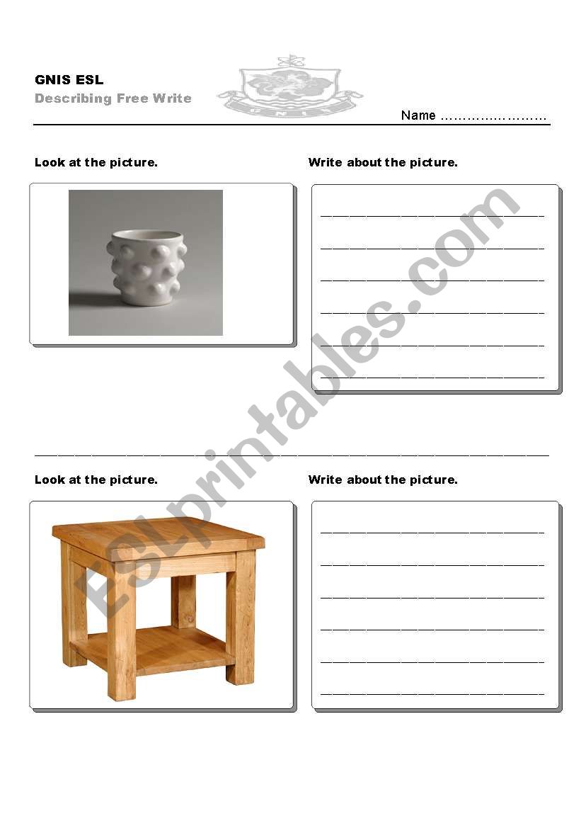 describing free-write worksheet