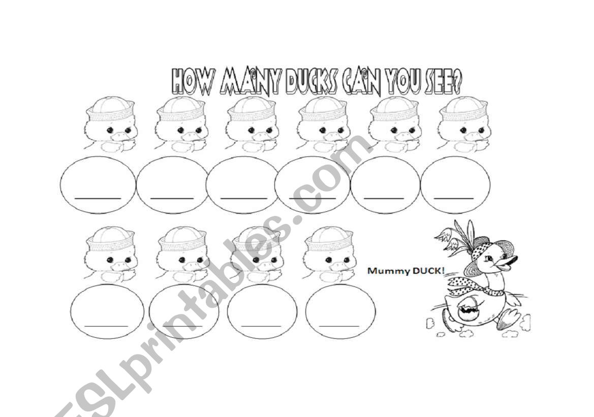 10 little Ducks for coloring and writing numbers