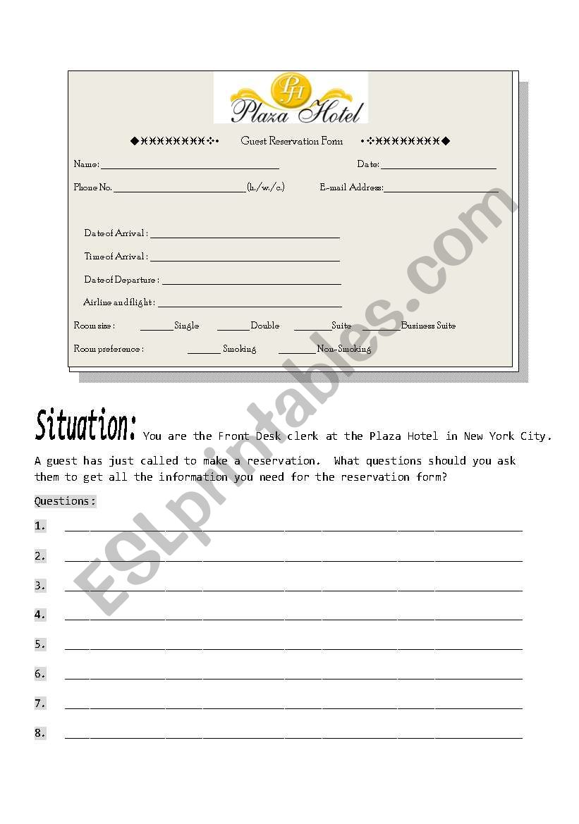 Hotel Reservation Form worksheet