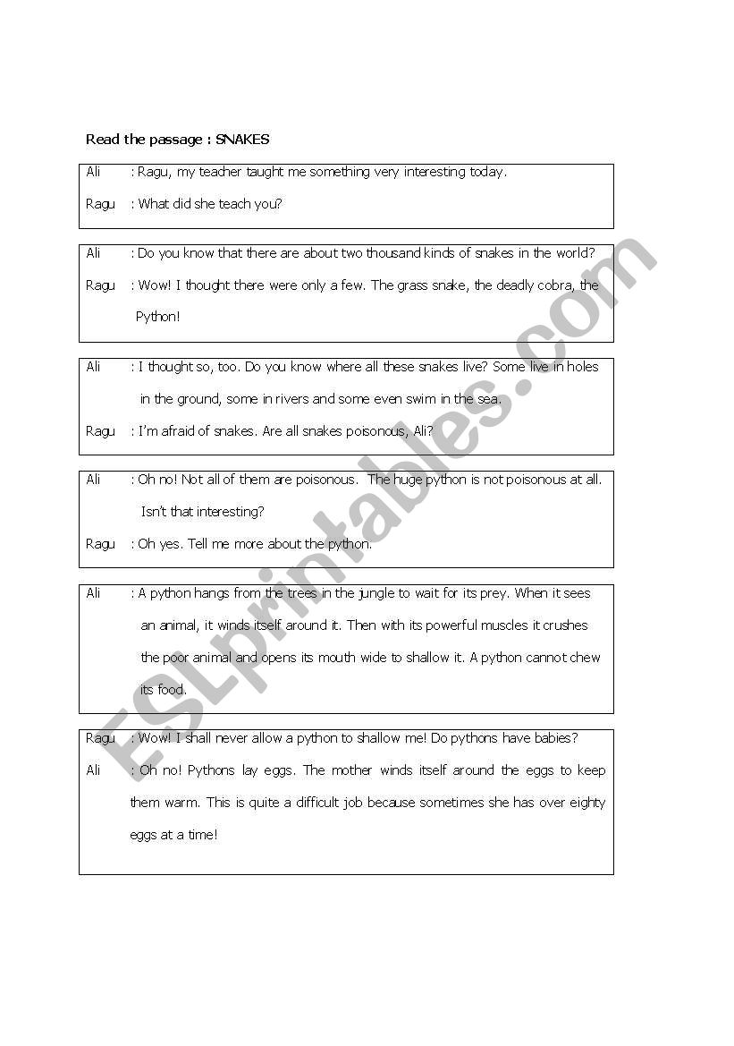 SNAKES worksheet