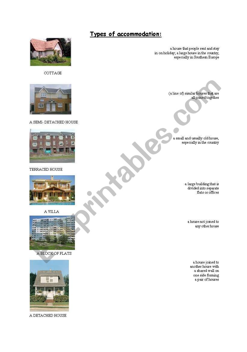 Types of accommodation worksheet