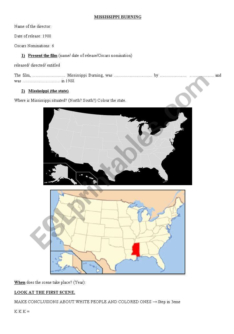 Mississippi Burning worksheet