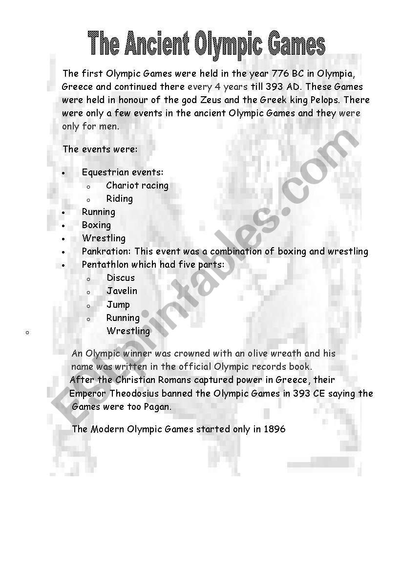 The Ancient Olympic Games worksheet