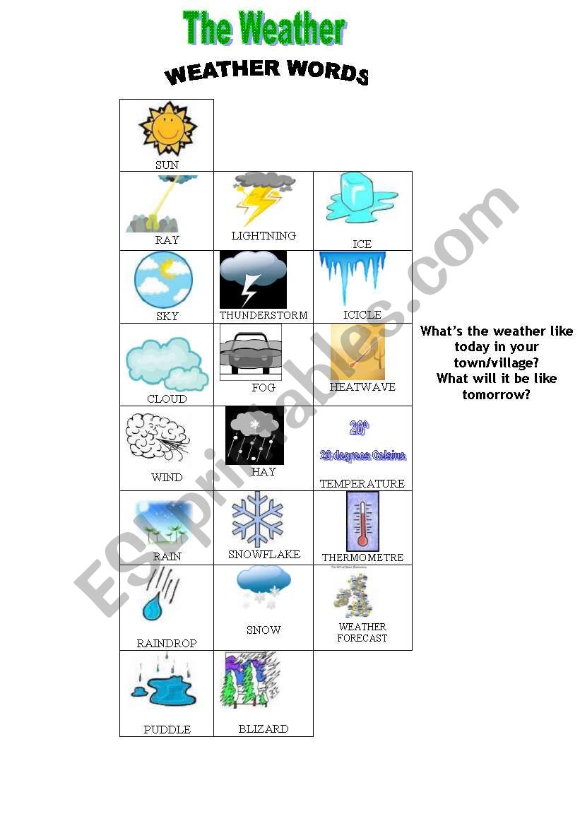 Weather words: pictionary worksheet