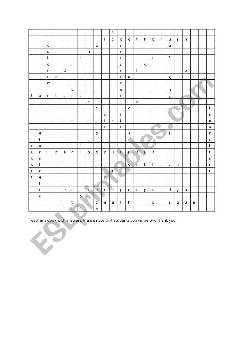 Teethcare Crossword puzzle worksheet