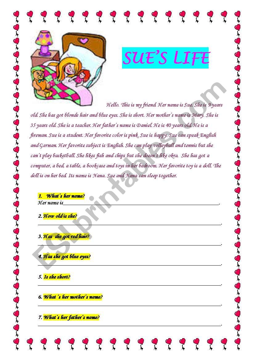 READING_SUES LIFE worksheet