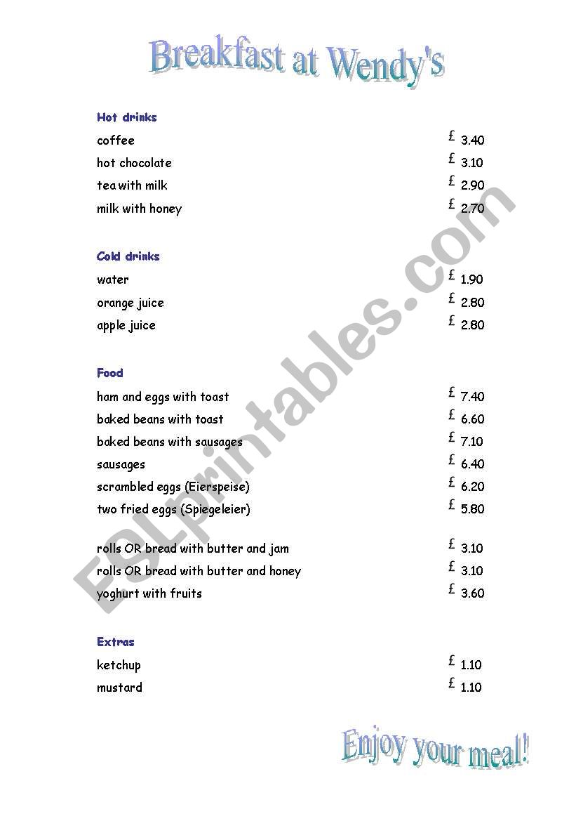 Breakfast worksheet